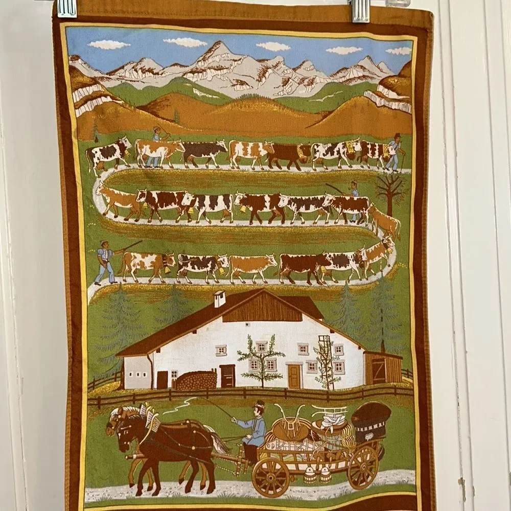 Vtg‎  1991 Calendar tea towel/European scene of cows being herded up mountain